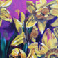 Close up details of colourful, modern daffodil flower painting by Judy Century Art
