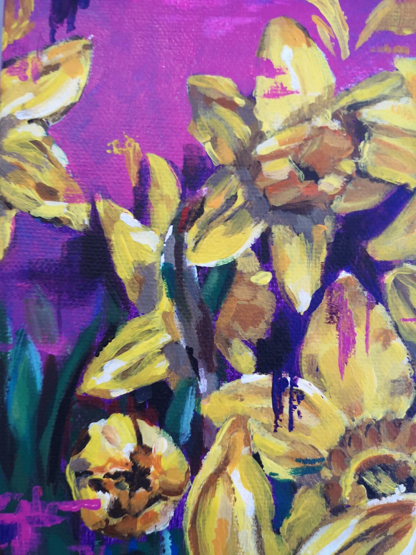 Close up details of colourful, modern daffodil flower painting by Judy Century Art