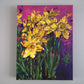 Contemporary vibrant daffodil painting by Judy Century Art. Semi Abstract painting featuring colourful yellow, purples and pinks. Canvas painting hanging on grey wall