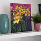 Contemporary vibrant daffodil painting by Judy Century Art. Interior Décor inspiration for shelves and gallery walls. Semi Abstract painting featuring colourful yellow, purples and pinks