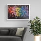 Rainbow Flower Painting and art print of big scale floral abstract images in many colours. Shown above slate grey sofa