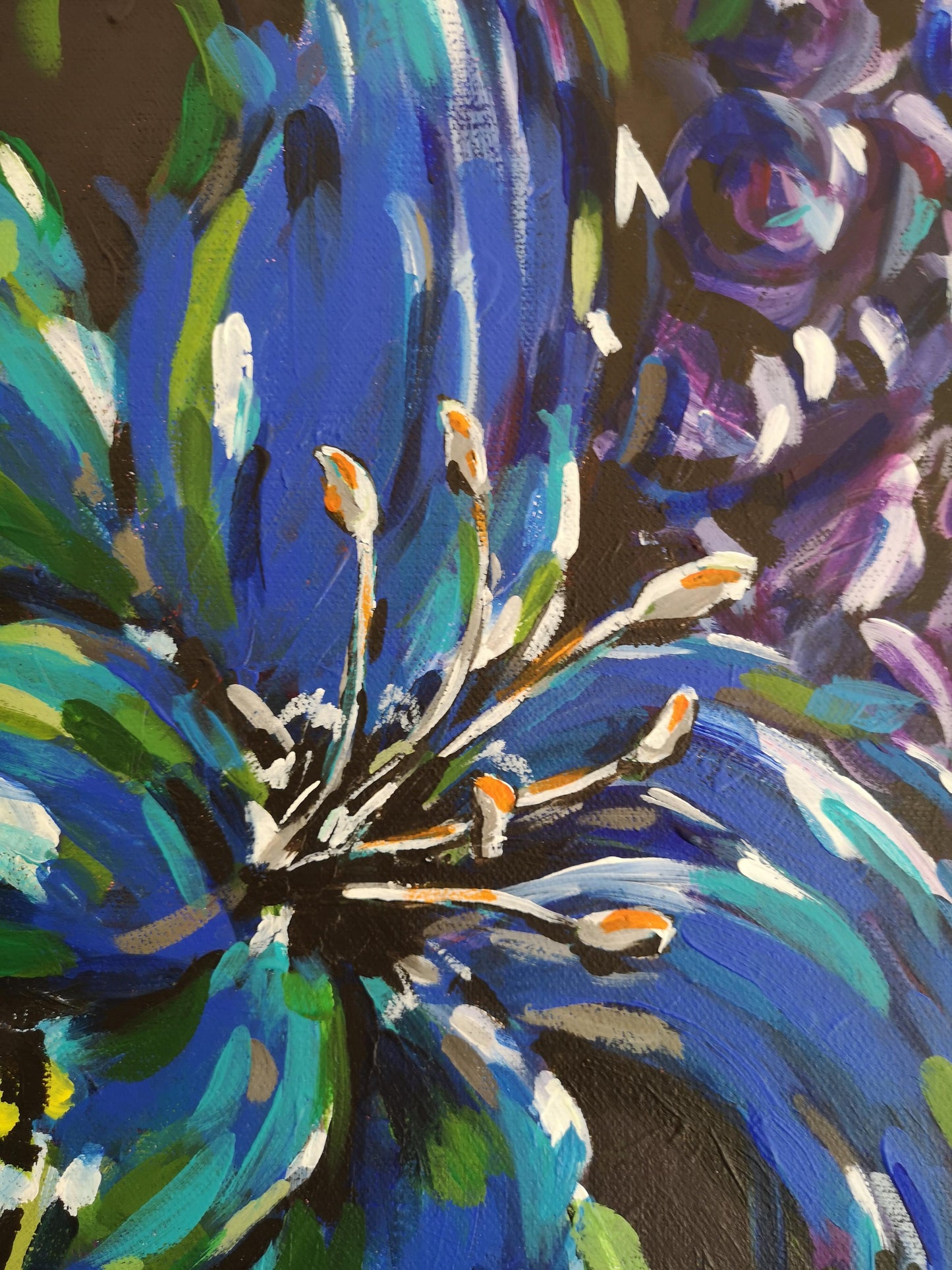 Close up of Carnival painting by Judy Century Art showing blue abstract Lilly section