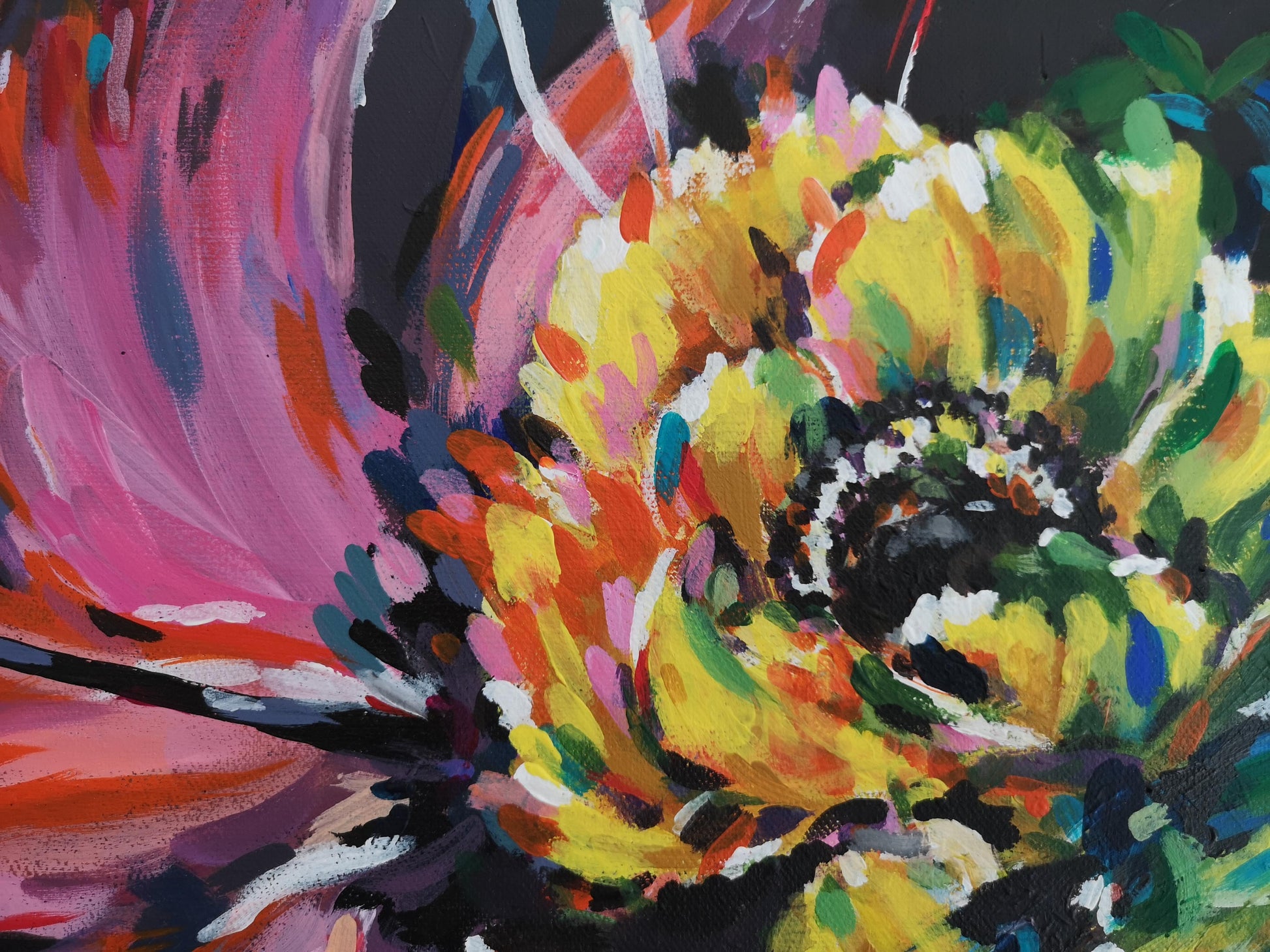 Close up of Abstract floral canvas painting by Judy Century Art showing yellow flower section