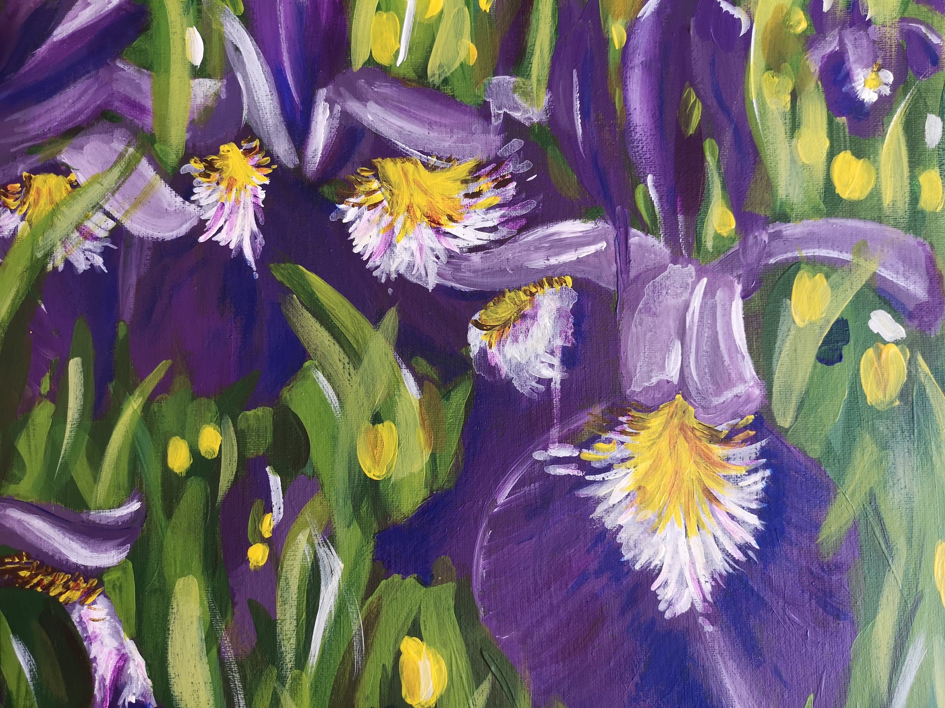 Details, close up, brush strokes, floral, flowers Acrylic Painting Iris Field Landscape, abstract art, purple, green, yellow, white paint, judy century, original art print