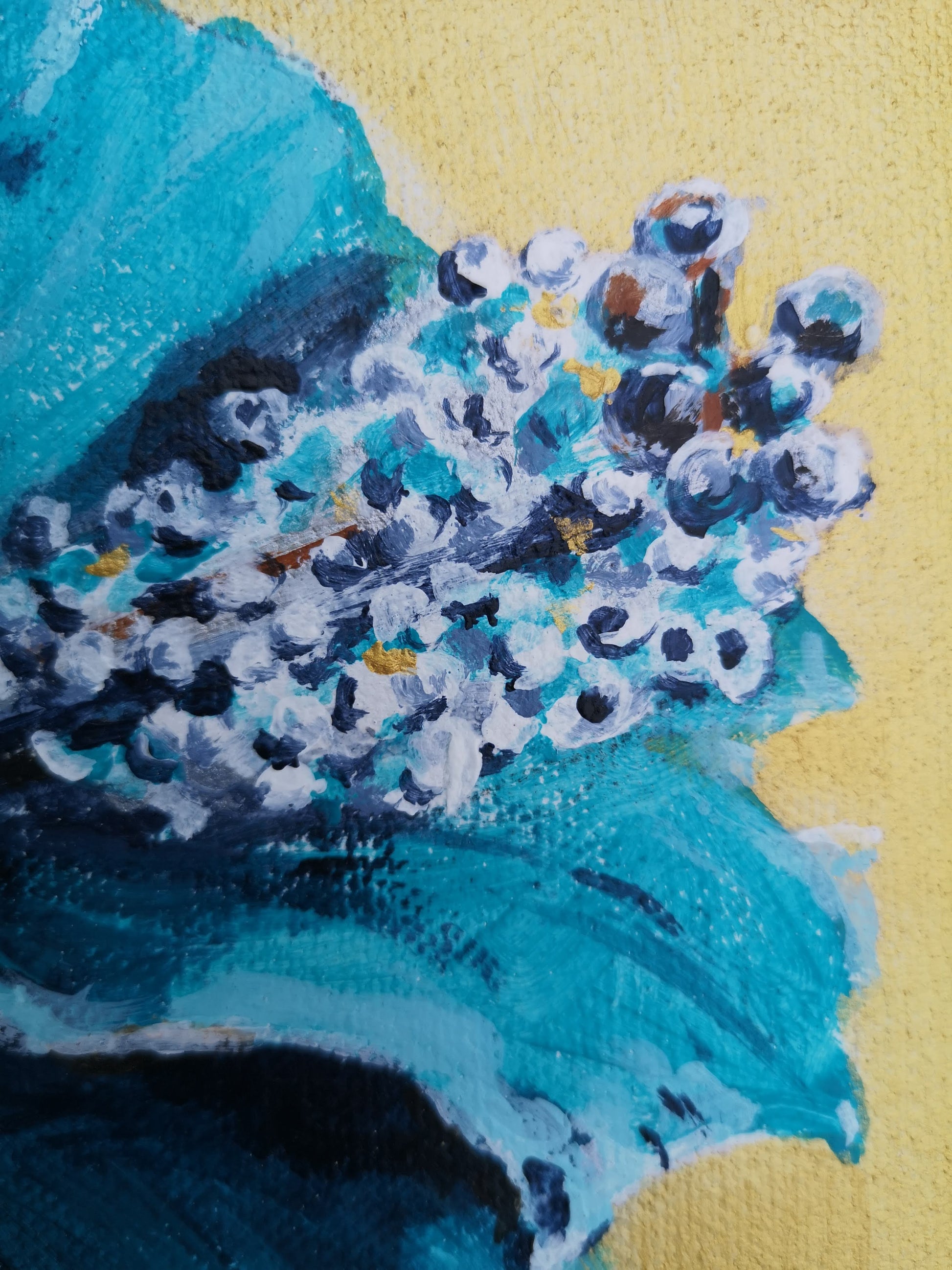 Details of gold turquoise flower painting by Judy Century Art original wall painting
