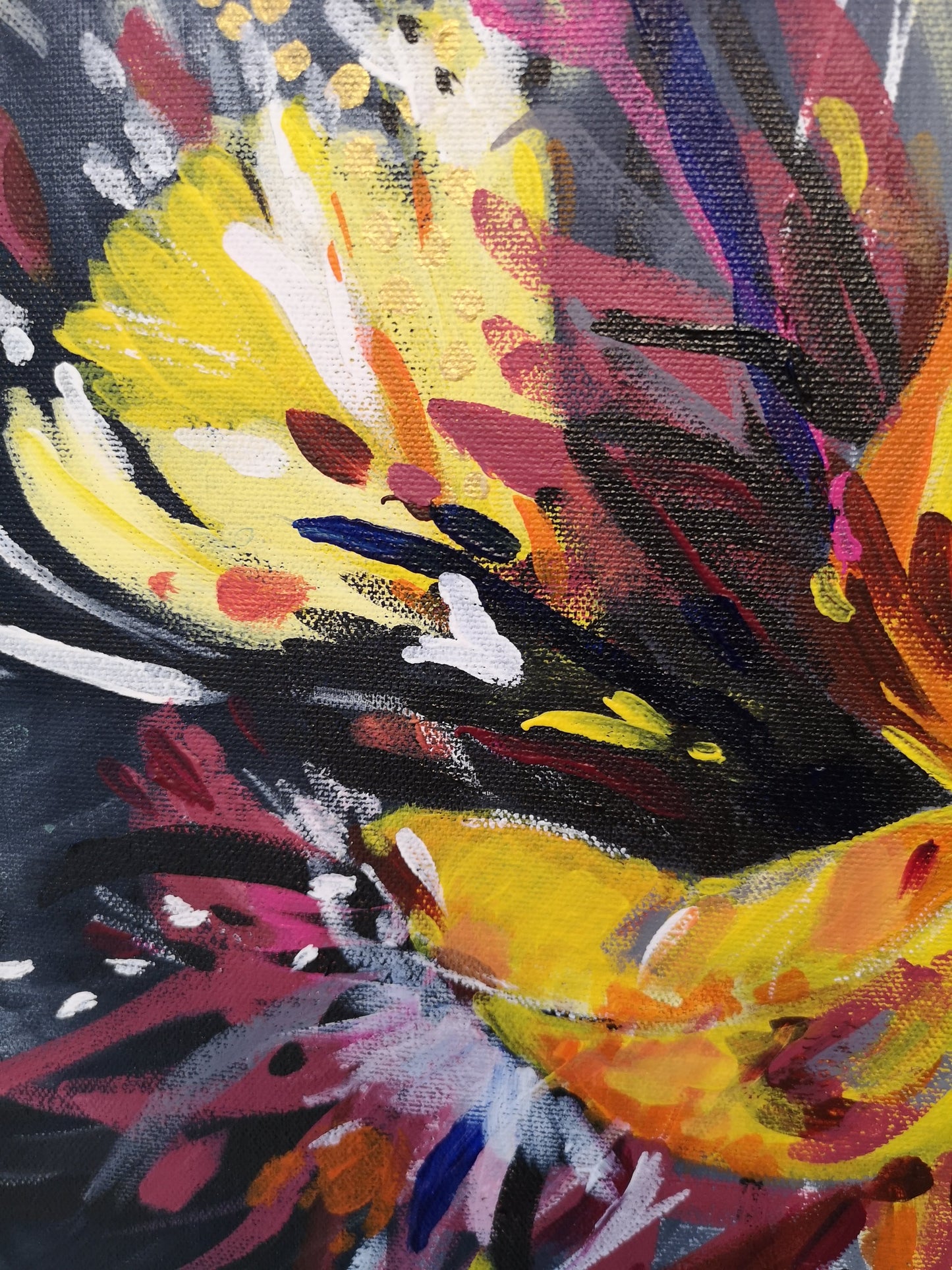 Close up details of Daffodil Surprise painting by Judy Century art showing brushstrokes and colour details