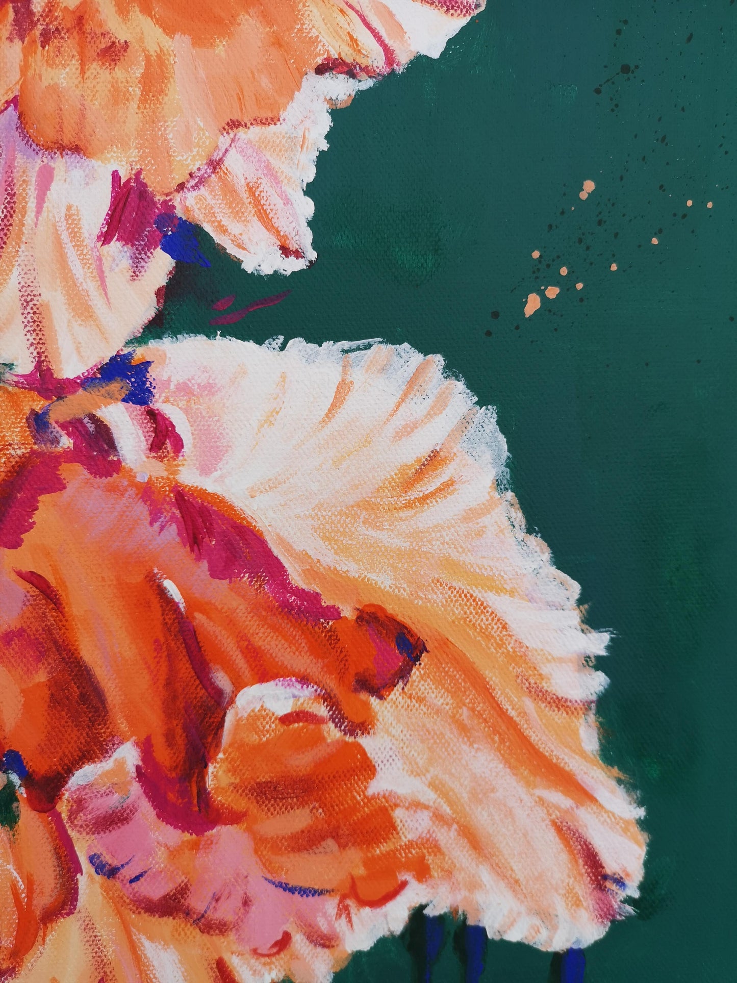 Close up of delicate flower painting petals. Original art for your home. Orange and Green Acrylic Painting.