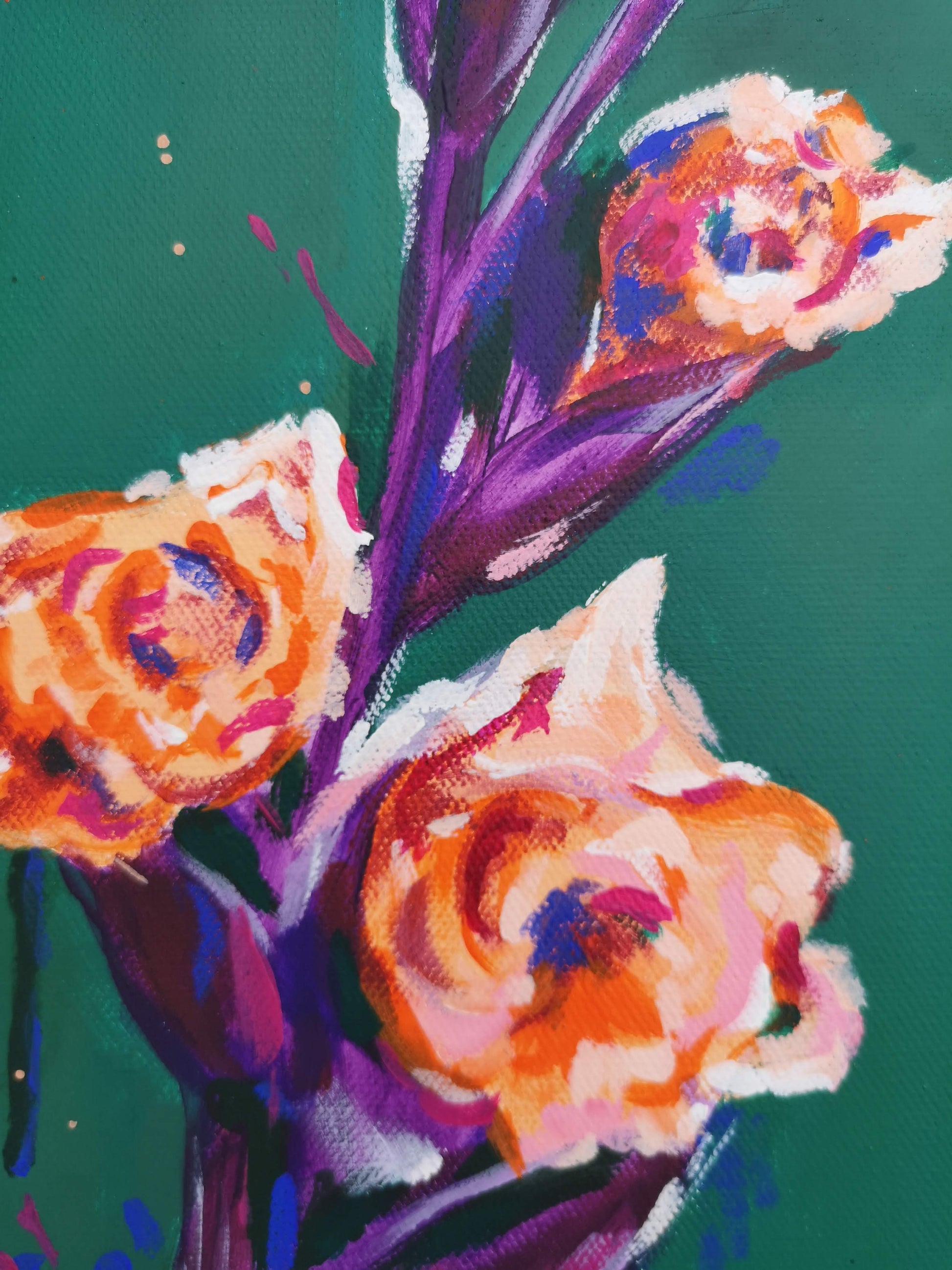 Close up of delicate flower painting petals and stalks. Original art for your home. Orange and Green Acrylic Painting.