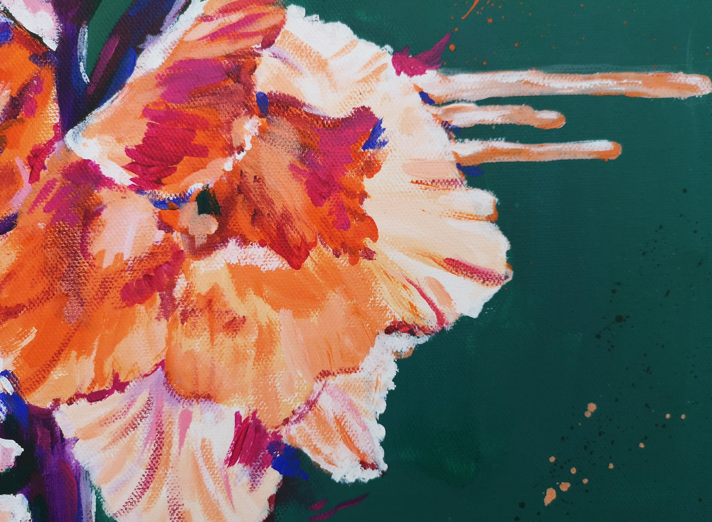 Close up of delicate flower painting petals. Original art for your home. Orange and Green Acrylic Painting.