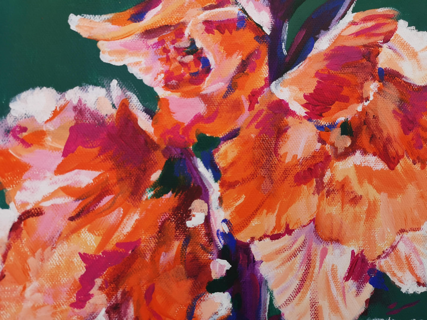 Close up of delicate flower painting petals. Original art for your home. Orange and Green Acrylic Painting.