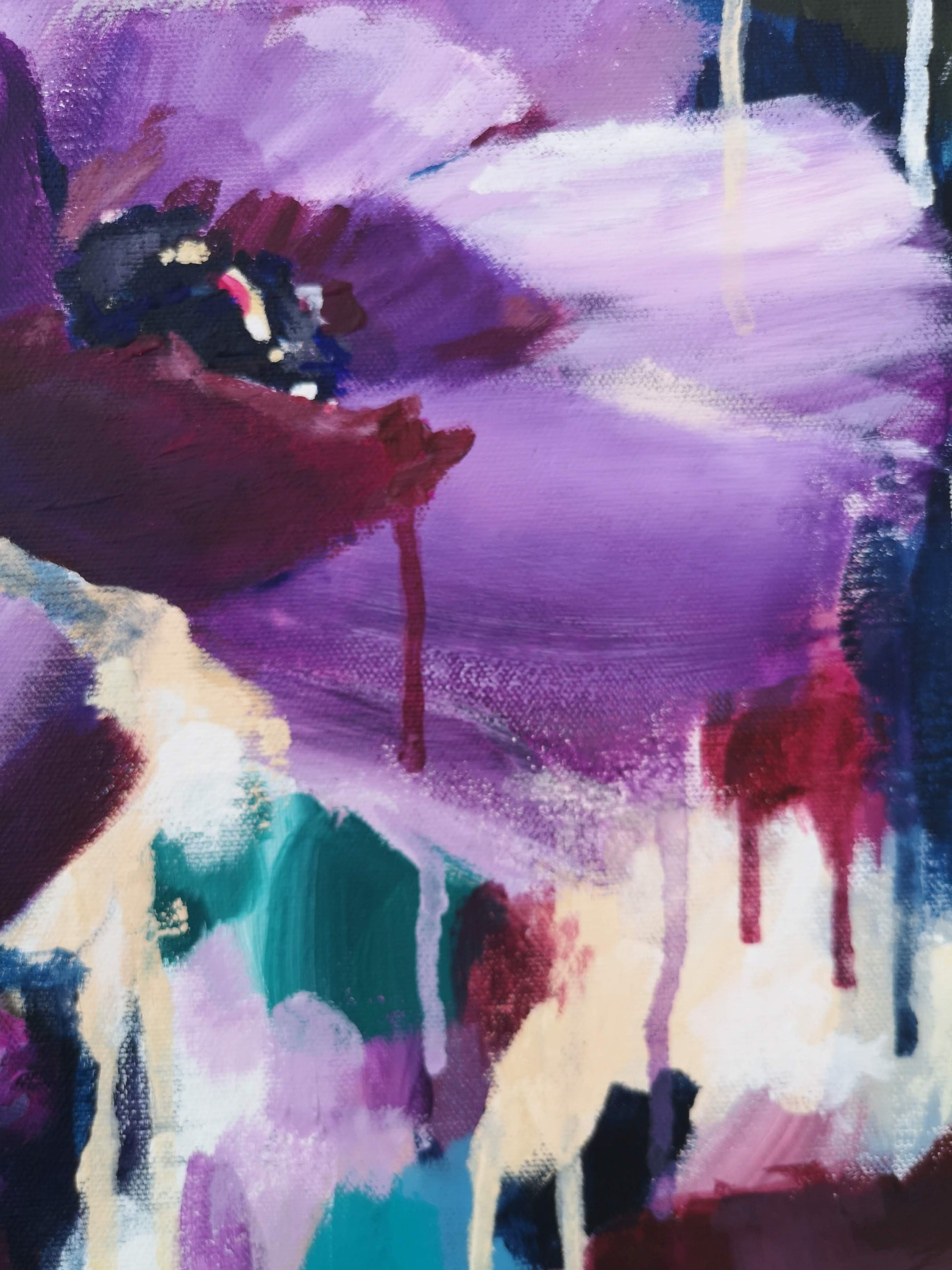 Close up of abstract flower painting in purple and pink