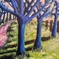 Close up of abstract blue stylised trees from Judy Century abstract landscape painting