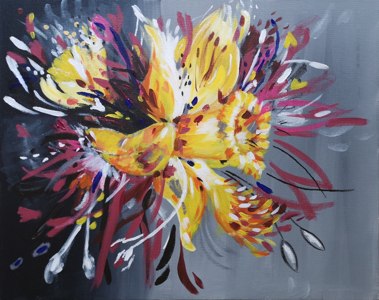 Daffodil, Flower painting, acrylic canvas artwork, abstract floral, yellow, pink, maroon, blue, black, grey, judy century art, canvas, original painting, interior design, spring blooms