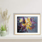 Daffodil Surprise Original painting reproduced as a fine art print framed in gold, sitting on wall shelf beside plants