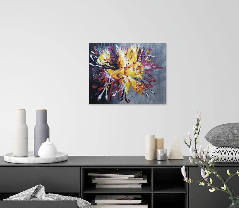 Daffodil, Flower painting, acrylic canvas artwork, abstract floral, yellow, pink, maroon, blue, black, grey, judy century art, canvas, original painting, decor. grey sideboard, interior design, spring blooms