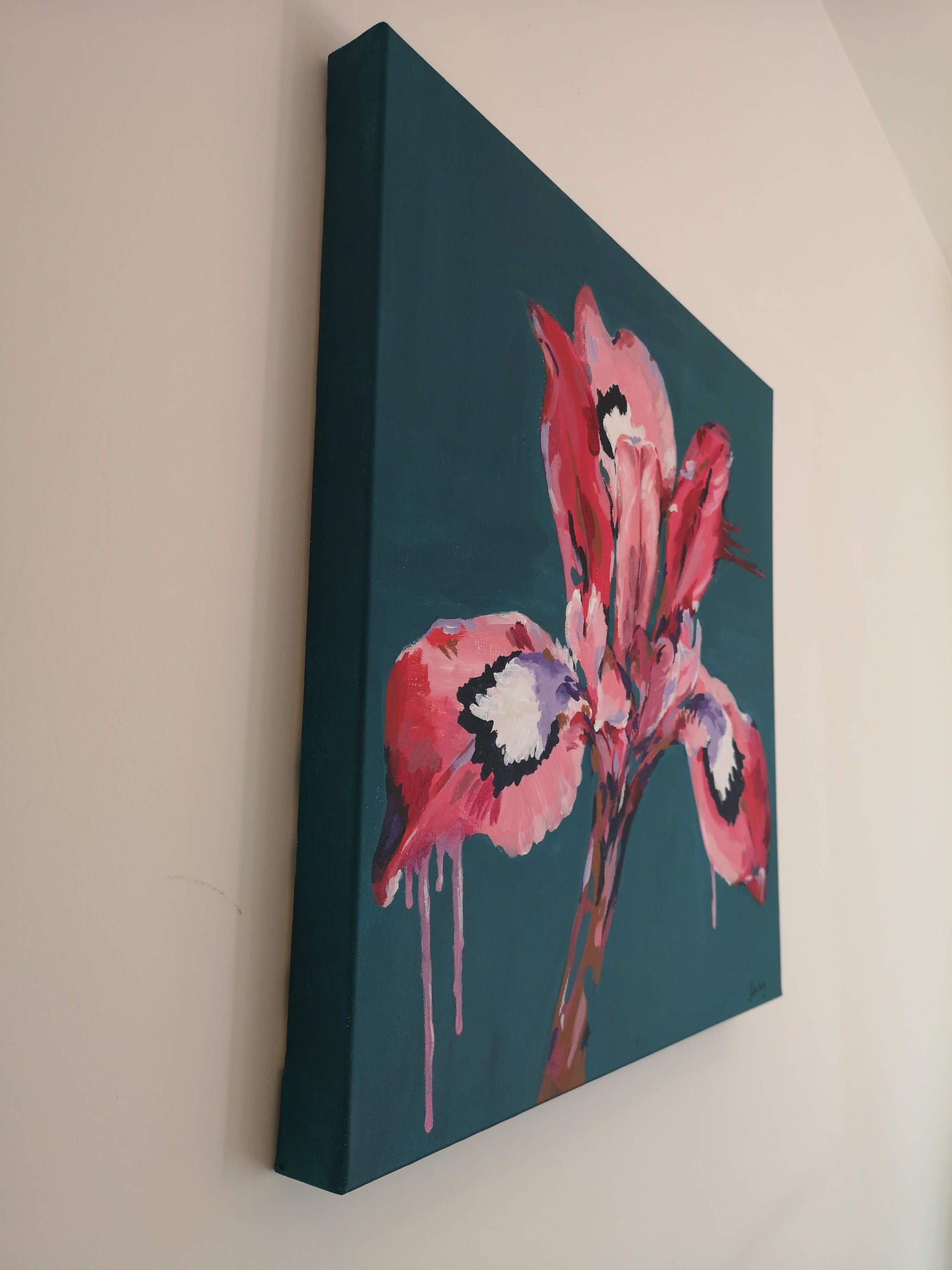 Side view of Iris Painting by Judy Century showing colour wrapped around canvas edge