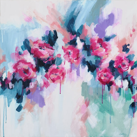 Contemporary original abstract floral painting by Judy Century 'Fancy Free' 61x61cm