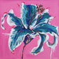 Contemporary Floral Abstract Canvas Painting of Colourful Lily Flower by Judy Century. Bright pink background with teal, blue and white flower