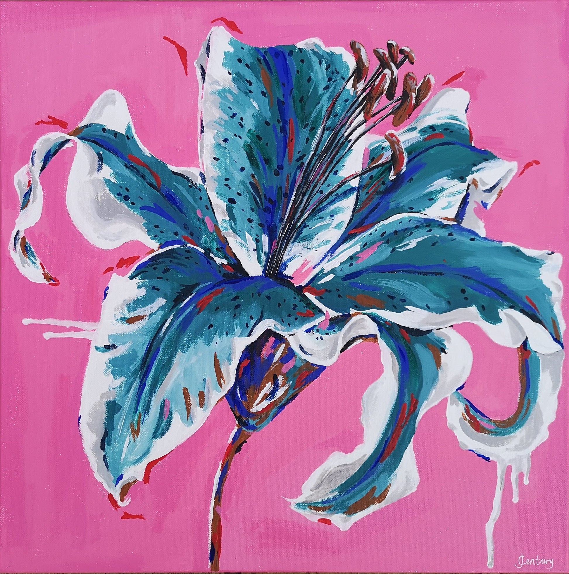 Contemporary Floral Abstract Canvas Painting of Colourful Lily Flower by Judy Century. Bright pink background with teal, blue and white flower