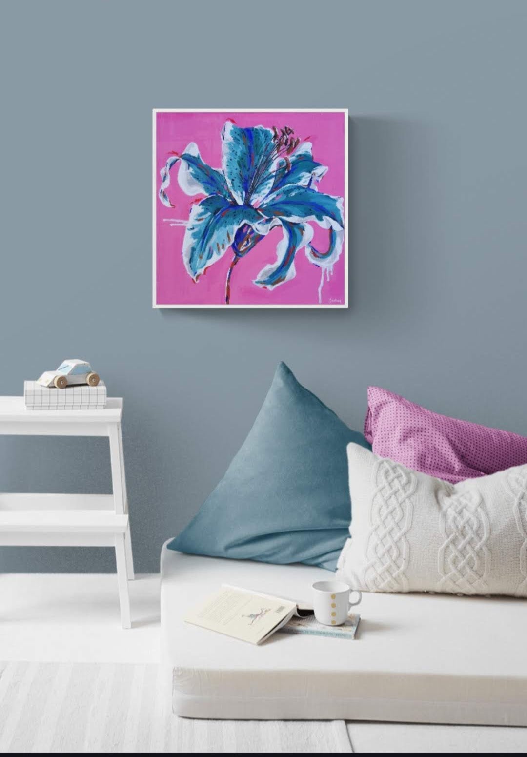 Statement original abstract flower wall art by Judy Century. Pop Art Style Lily shown hanging in a children's room on a grey blue wall. Interior decorating Ideas Inspiration