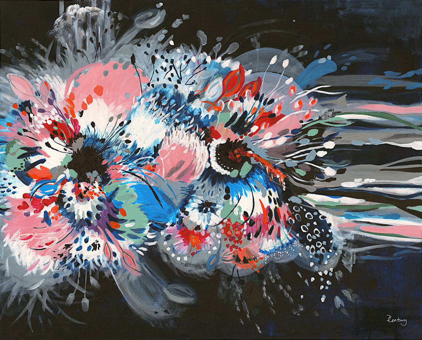 Colourful Abstract Hibiscus Flower Acrylic Painting on Canvas by Judy Century Art. Bold composition with vibrant colours and lots of movement. Blue, teal, purple, pink, orange, navy colours with expressive lines emanating from the flowers..