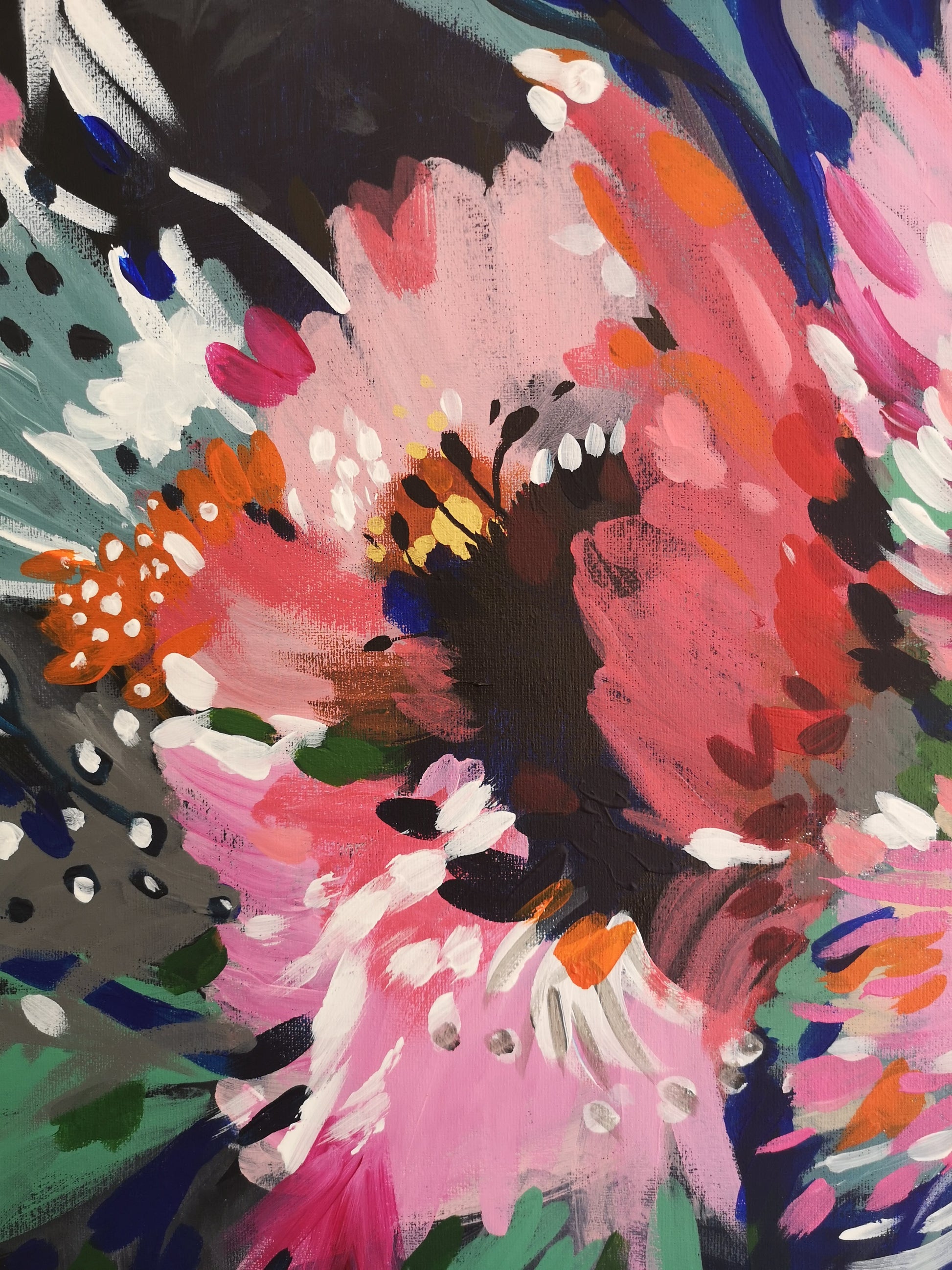 Close up of Abstract Floral painting by Judy Century Art showing brush strokes of large expressive pink flower with contrasting colours in expressive marks