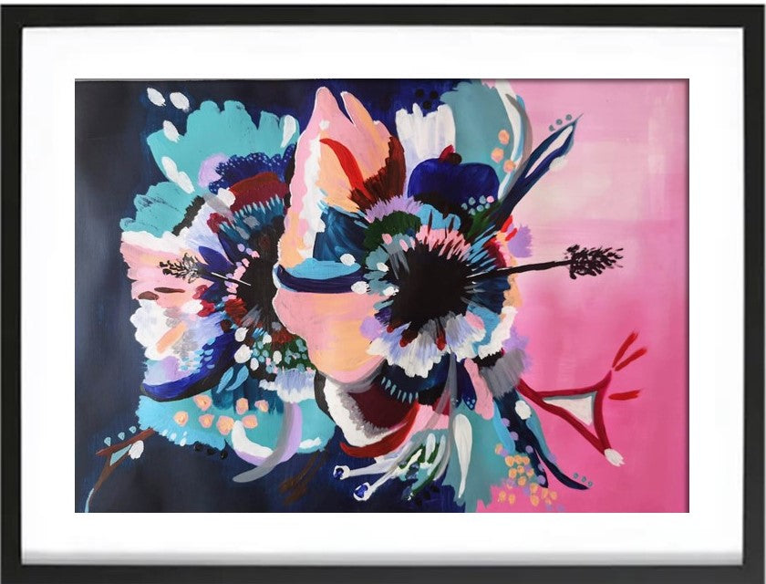 Original Acrylic abstract painting on Art paper by Judy Century. Hibiscus Sorbet features a graphic bold design in pink, navy, peach, teal and white and is pictured in a black frame.