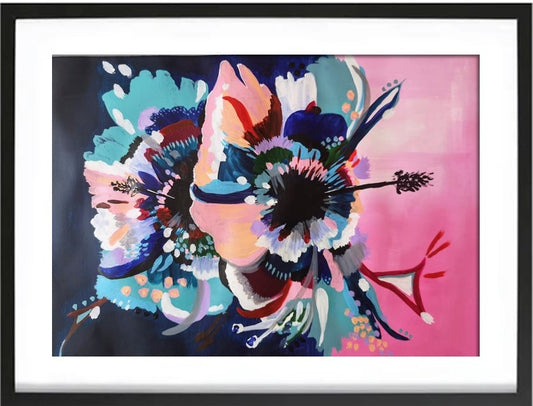 Art print in black frame of Original Acrylic abstract painting on Art paper by Judy Century. Hibiscus Sorbet features a graphic bold design in pink, navy, peach, teal and white.