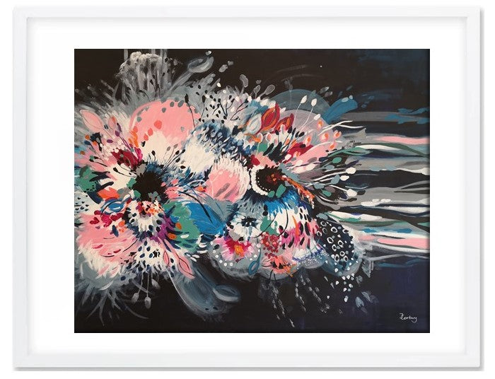 Art print of Large Abstract acrylic painting of Hibiscus flower by Judy Century Art. Pictured in a white frame with bold, bright colours, of blue, pink, green, white, green and navy with expressive lines flowing out.