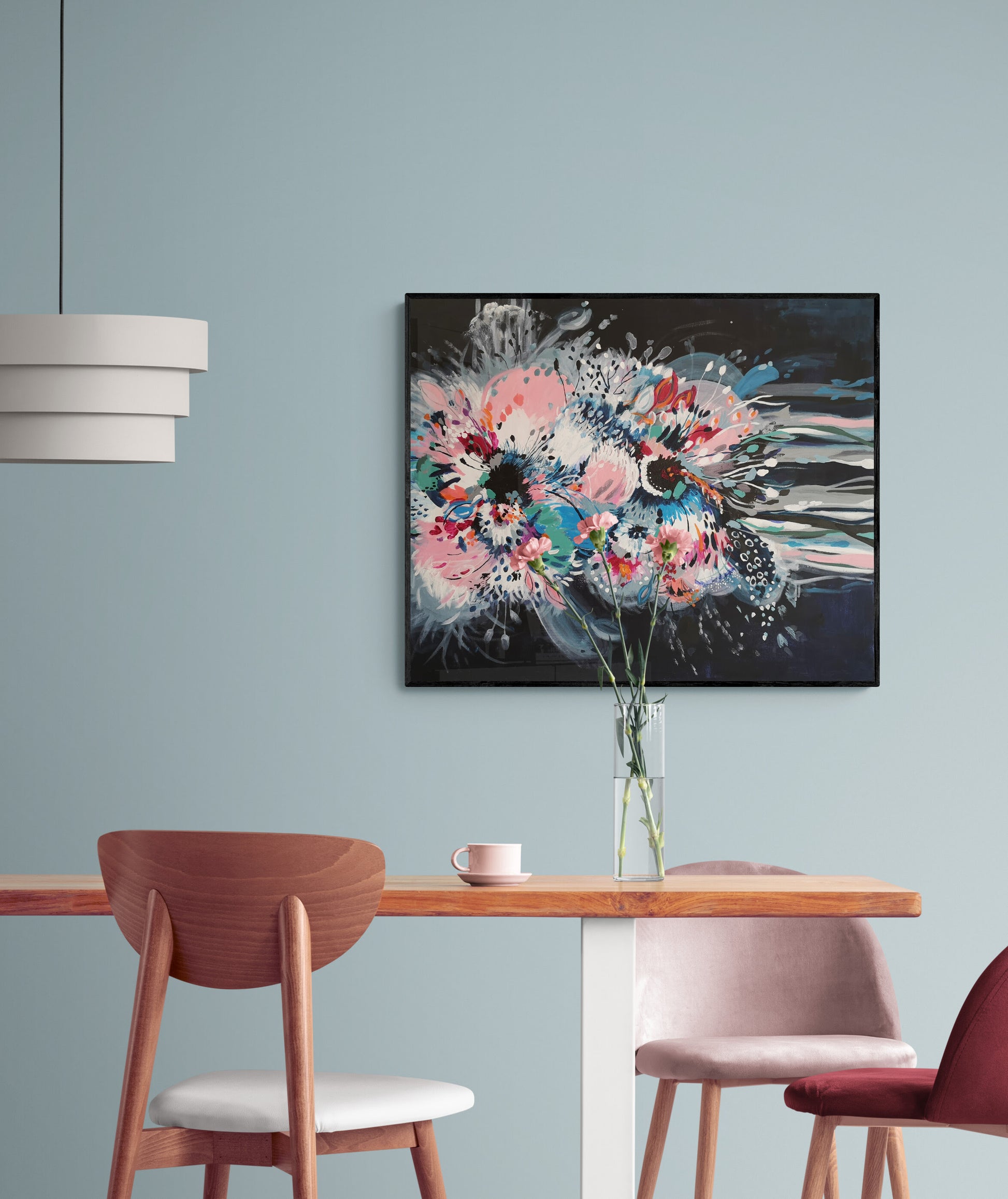 Colourful Original Abstract Floral Painting and Art print by Judy Century Art. Black, Pink Blue, white contemporary statement home decor