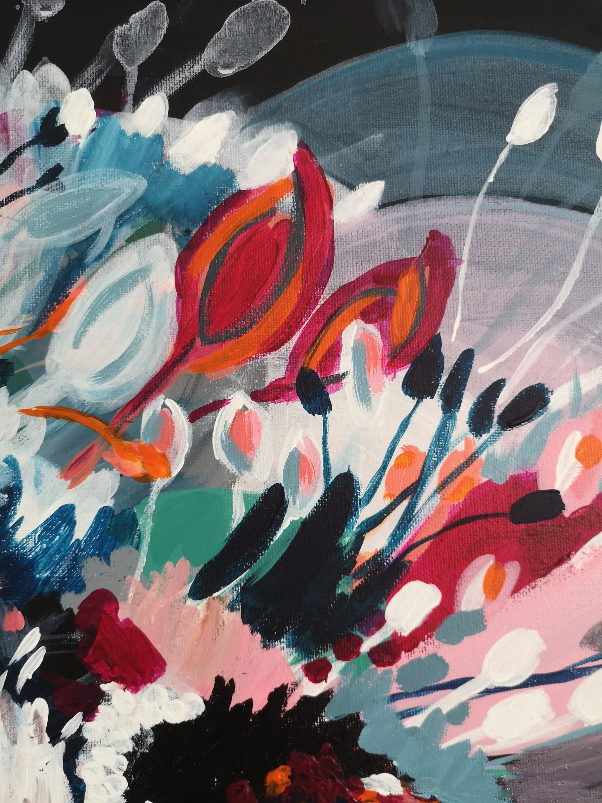 Close up of Hibiscus Burst Painting by Judy Century, featuring flower buds in magenta, orange, white and grey and colourful brushstrokes.