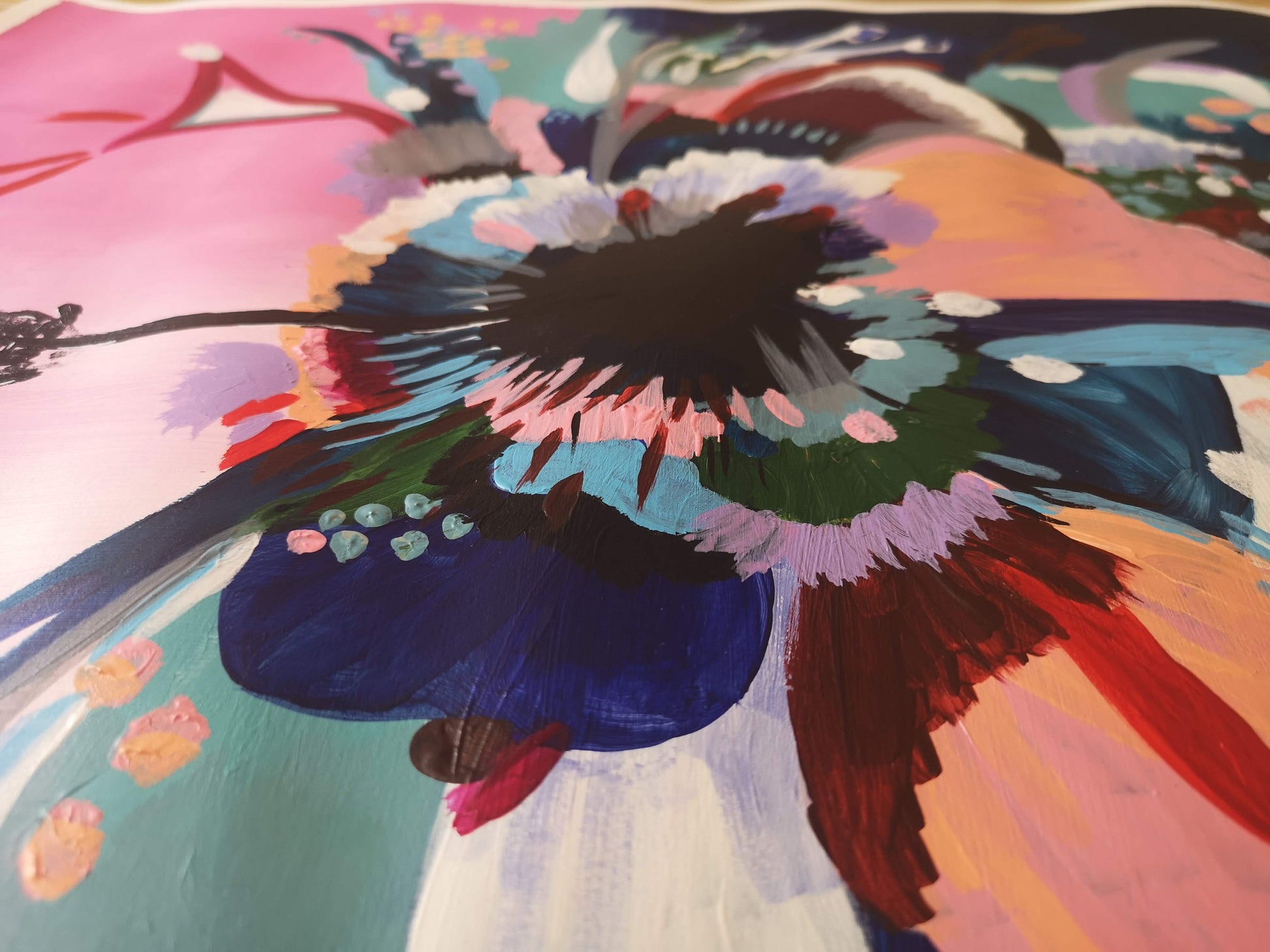 Close up of original Acrylic abstract painting on Art paper by Judy Century. Hibiscus Sorbet features a graphic bold design in pink, navy, peach, teal and white.