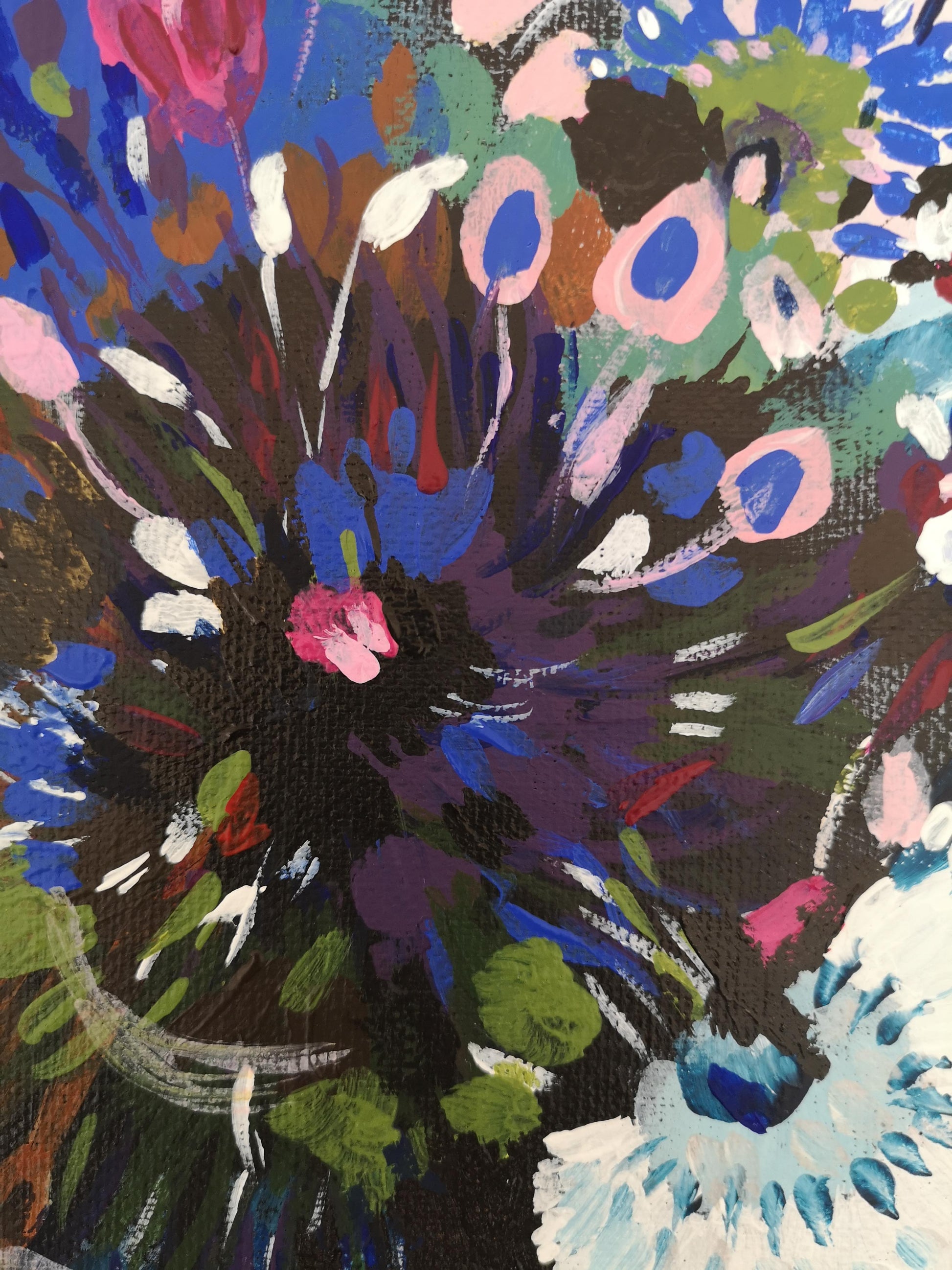 Close up of Judy Century painting Floral Night Garden 1 on black background, showing white, pink, blue and green floral details.