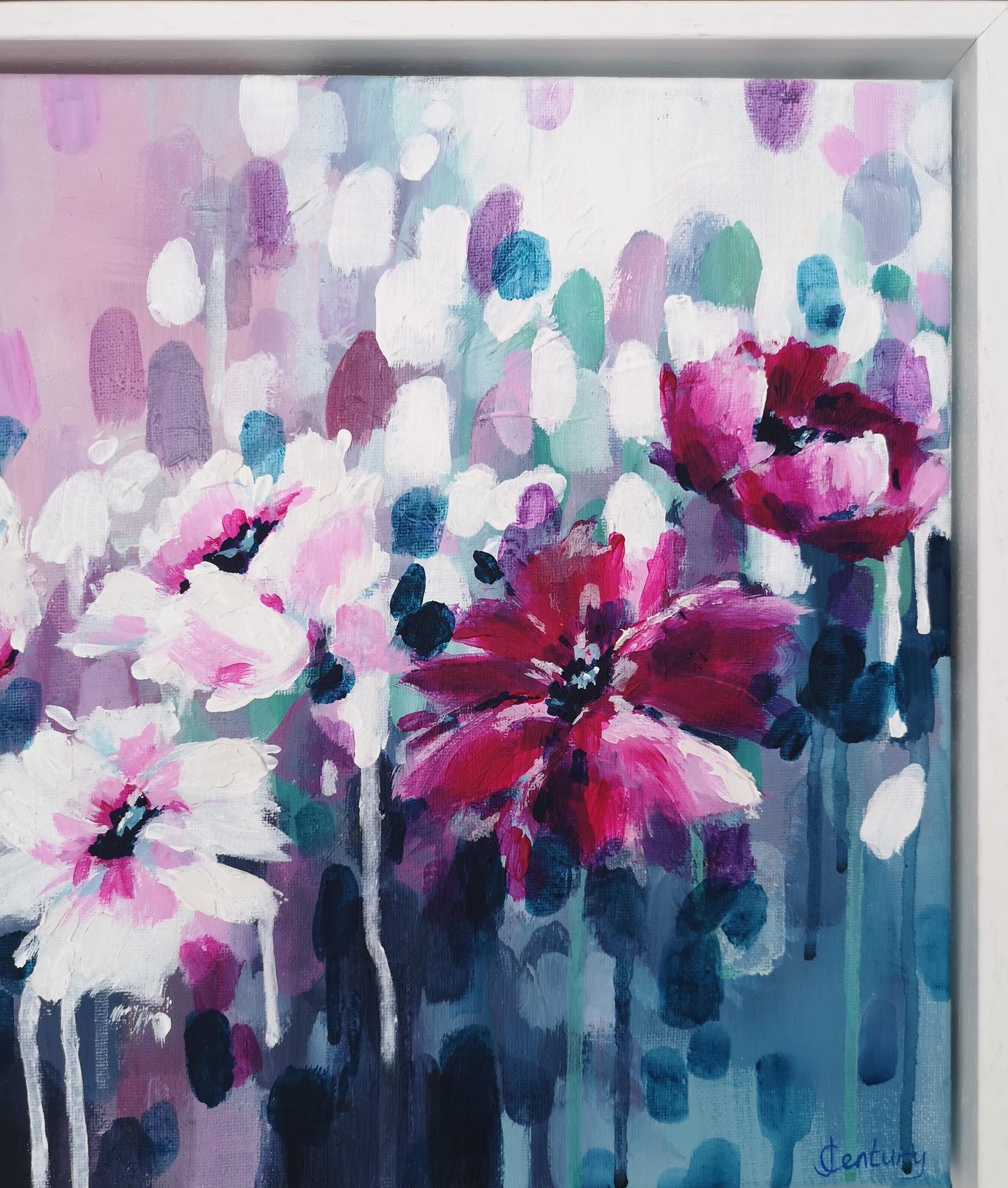 Abstract white framed floral painting by Judy Century