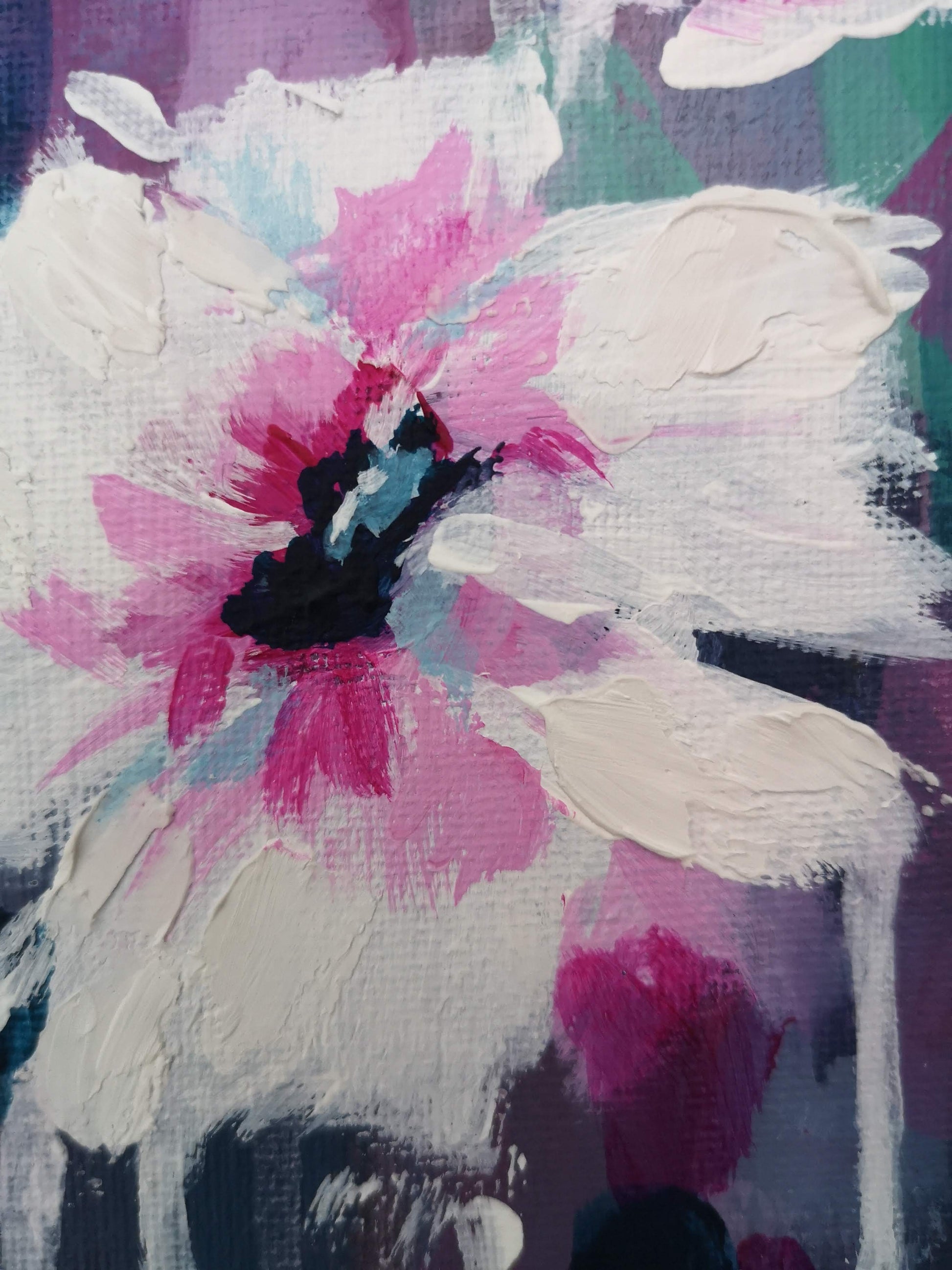 Details of abstract flower painting with white and pink