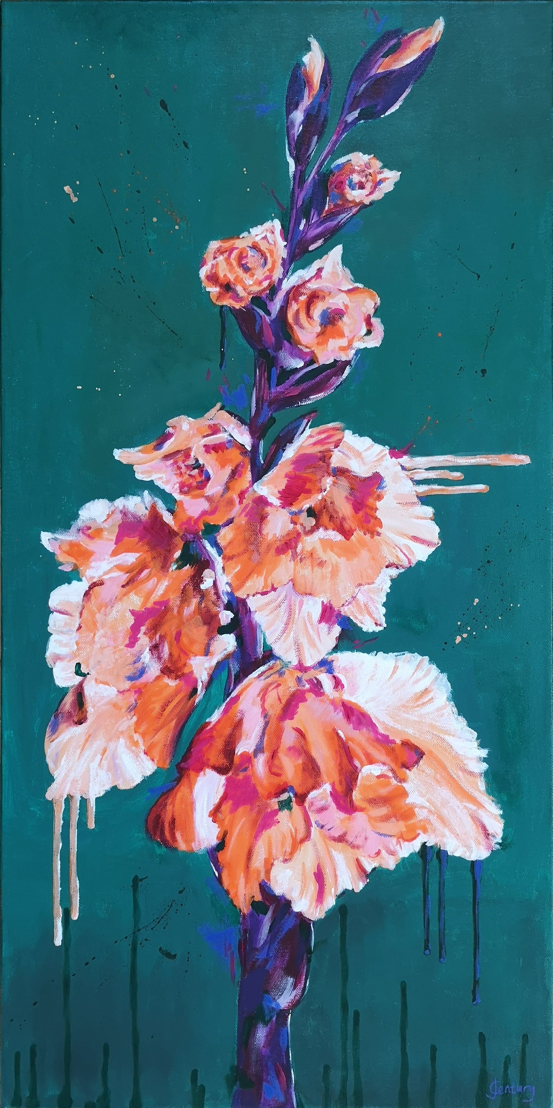 Contemporary floral painting in orange and deep green by Judy Century Art. Single, large scale gladioli flower in modern style.