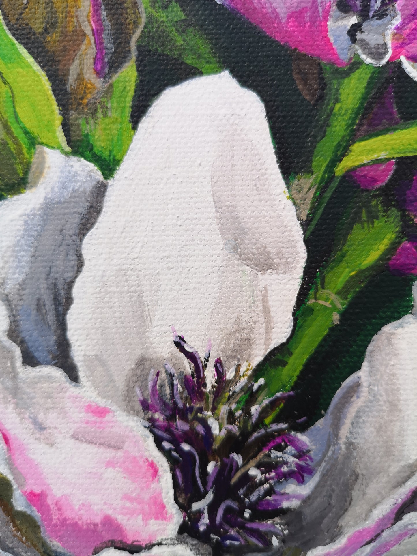 Details of Modern botanical small canvas painting magnolia tree by Judy Century 