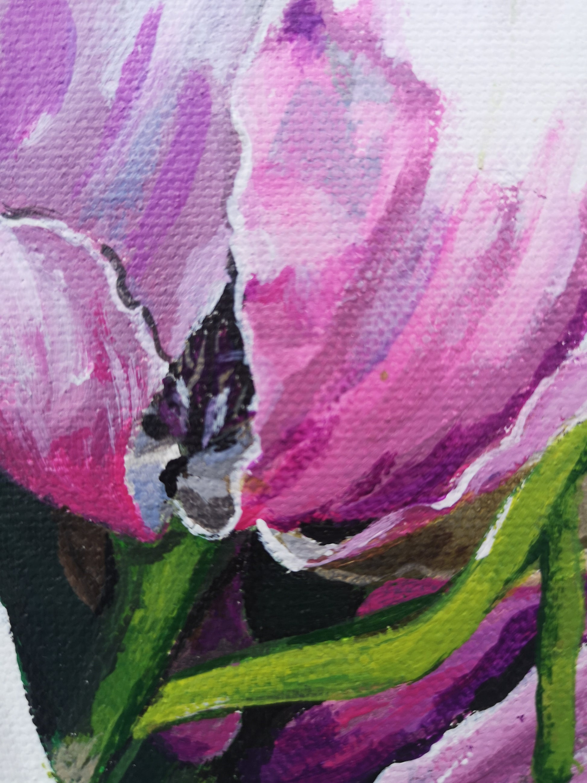 Floral details of Modern botanical small canvas painting magnolia tree by Judy Century 