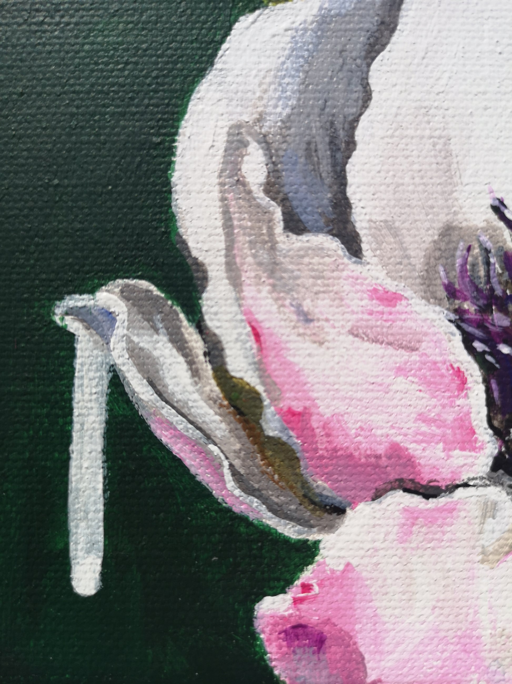 Floral and drip details of Modern botanical small canvas painting magnolia tree by Judy Century 