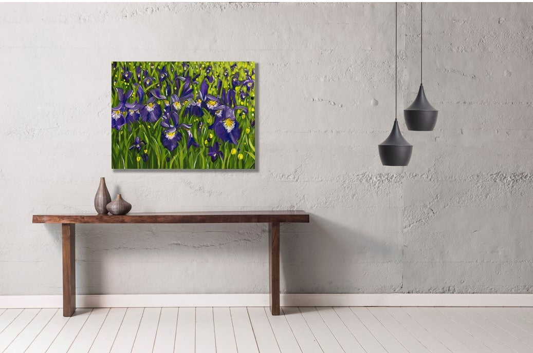 Large Acrylic Painting Iris Field Landscape, abstract art, in situ above wooden console table with grey vase and hanging black pendant light, concrete effect wall, leaves, purple, green, yellow,  judy century, original canvas painting, deep edge