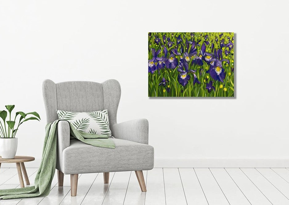 Large Acrylic Painting Iris Field Landscape, abstract art, in situ, grey armchair, plant, leaf cushion, purple, green, yellow, white paint, judy century, original canvas painting, deep edge