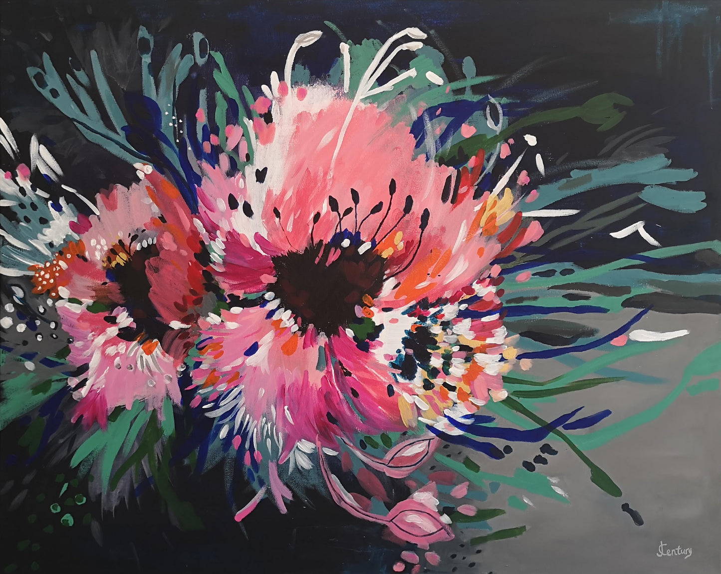 Abstract Flower Painting featuring two large bold pink blooms bursting on the page, with contrasting lines of blue, green and white extending out to add movement. Vibrant, bold and colourful original painting by Judy Century.