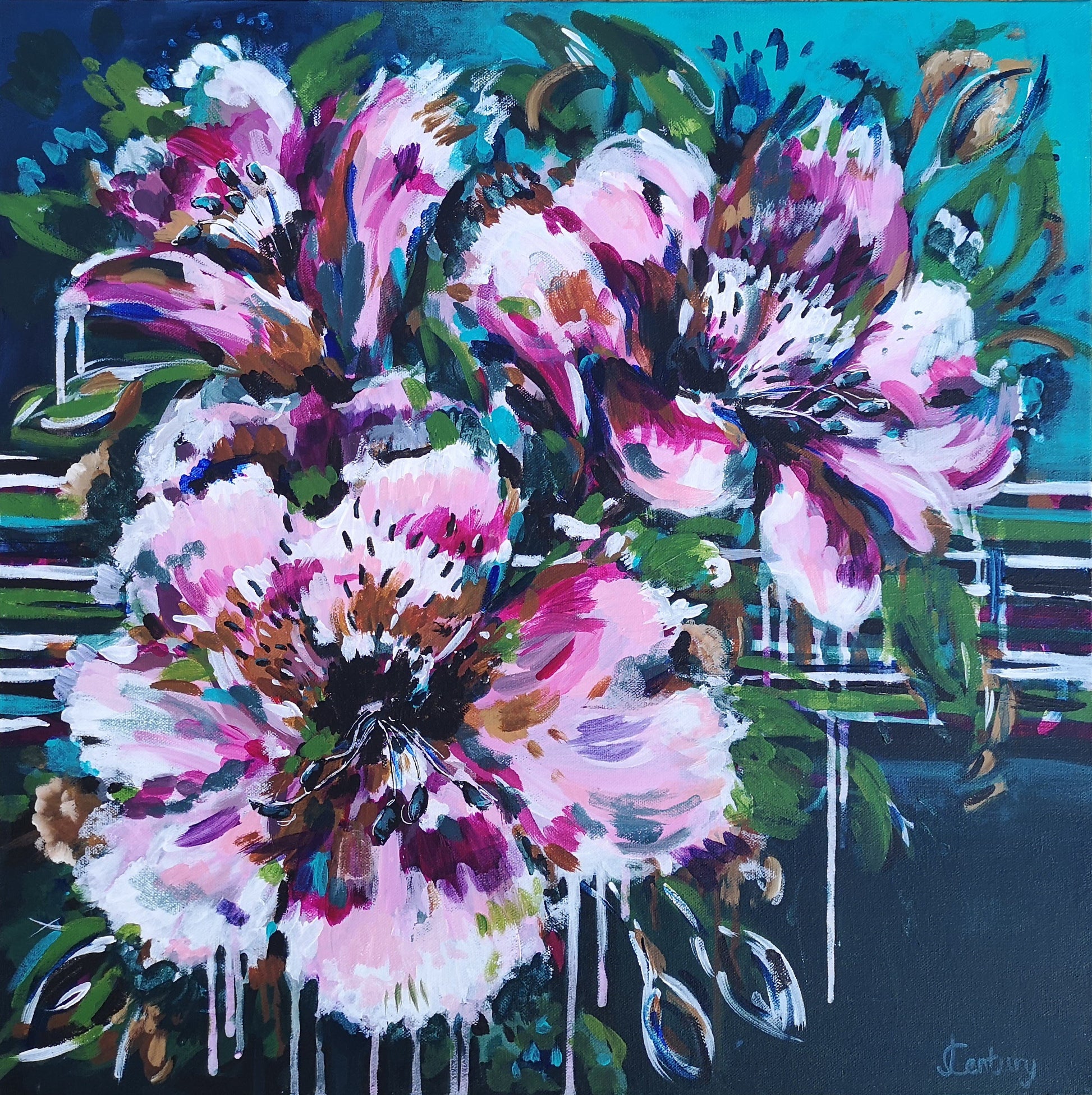 Pink Flowers Painting 14X14, Abstract Floral Painting