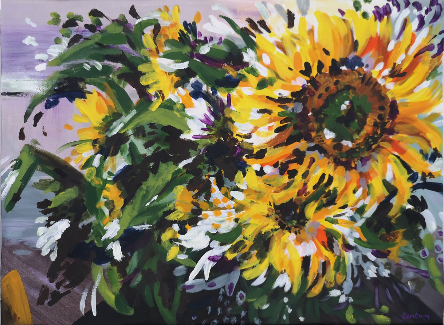 Expressive Sunflower acrylic painting on paper by Judy Century. Yellow, Green and purple wall art.