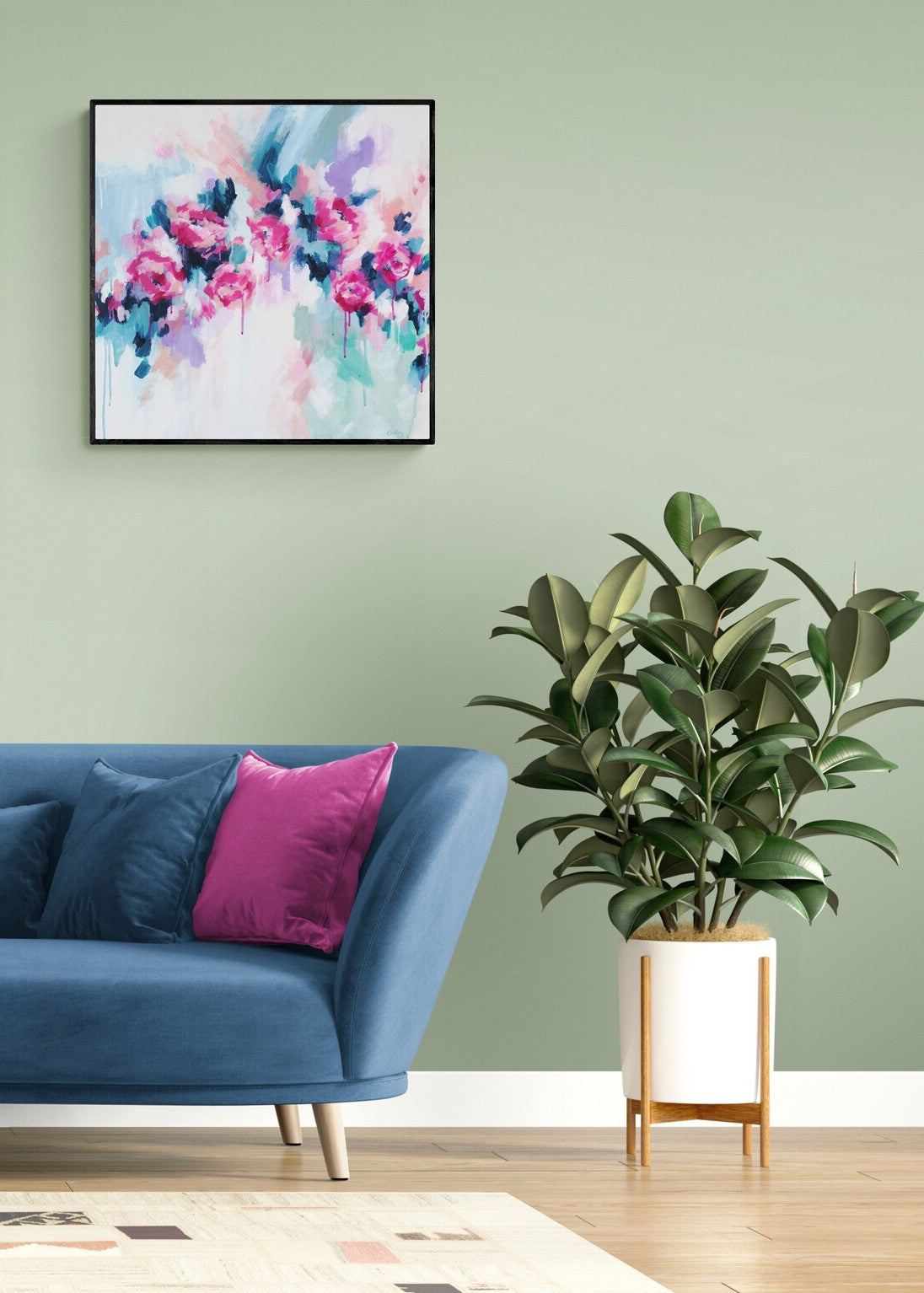 Contemporary original abstract floral painting by Judy Century 'Fancy Free' 61x61cm in stylish living room with blue sofa, large plants, green walls
