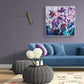 Original Large Abstract Floral Canvas painting, contemporary peach, purple, navy, maroon and teal in cosy living room, blue sofa