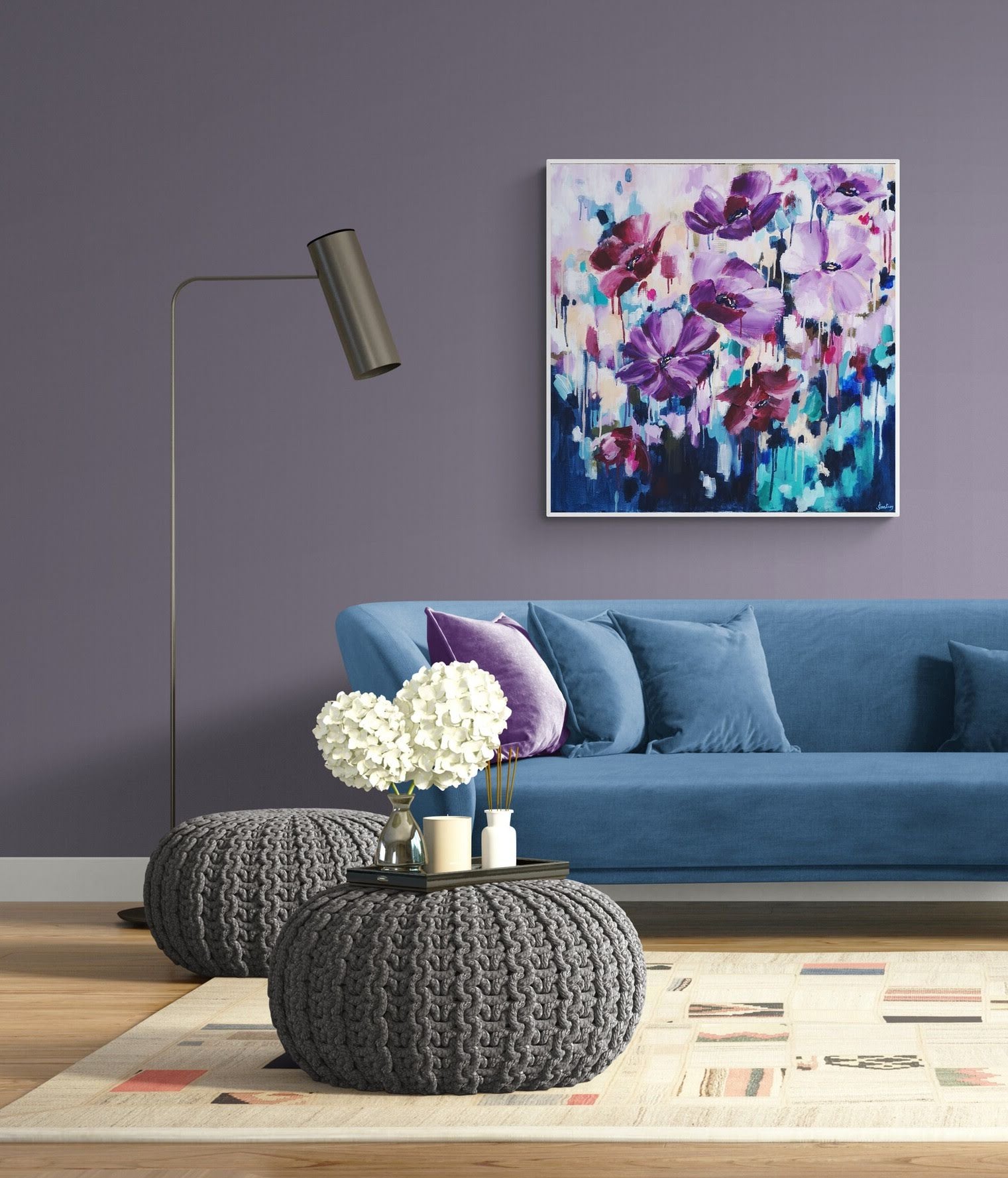 Original Large Abstract Floral Canvas painting, contemporary peach, purple, navy, maroon and teal in cosy living room, blue sofa