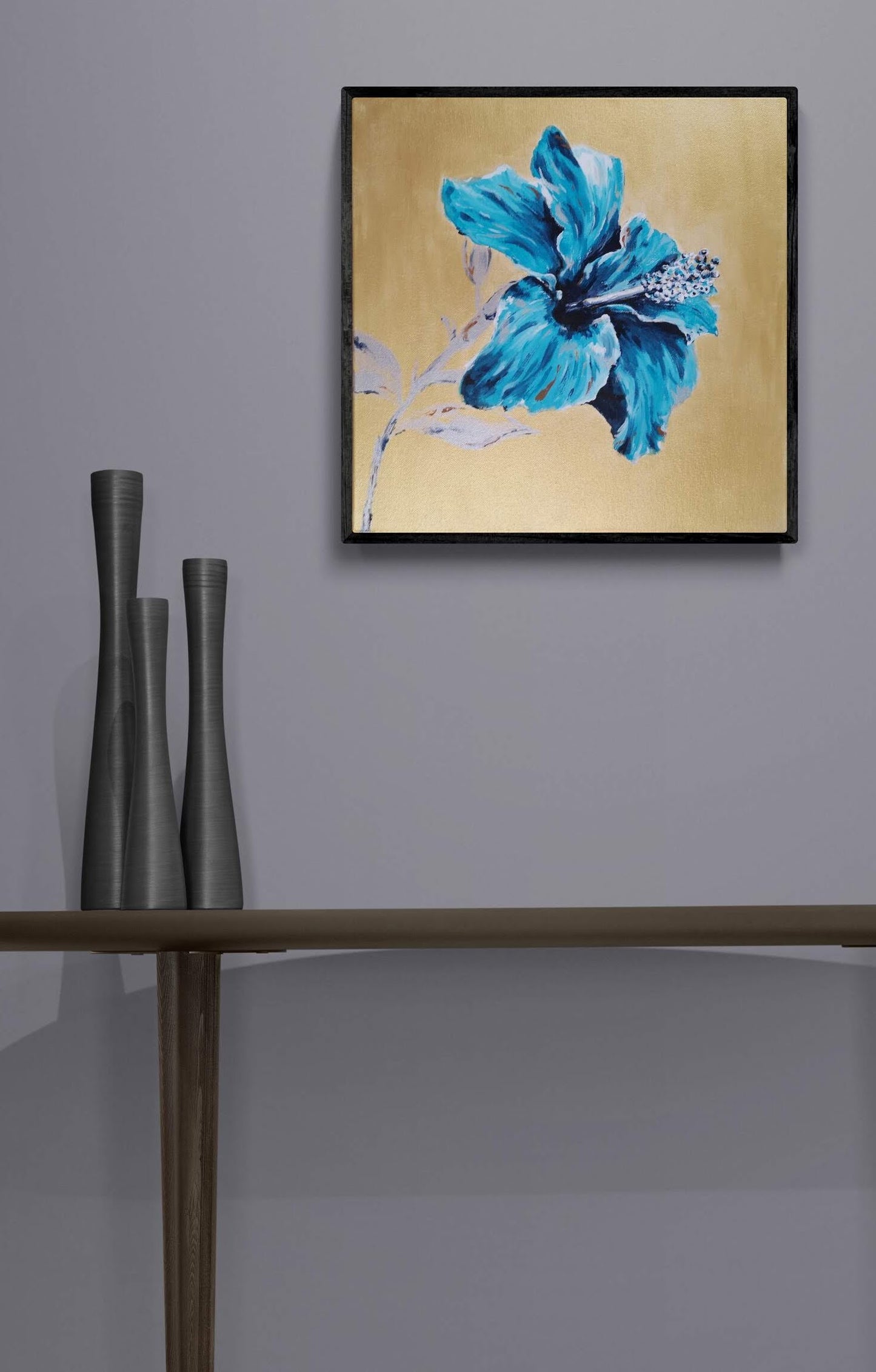 Contemporary original gold and turquoise blue painting of hibiscus flower by Judy Century Art against grey wall home decor