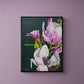 Modern botanical small canvas painting magnolia tree by Judy Century  on dark pink wall framed in black