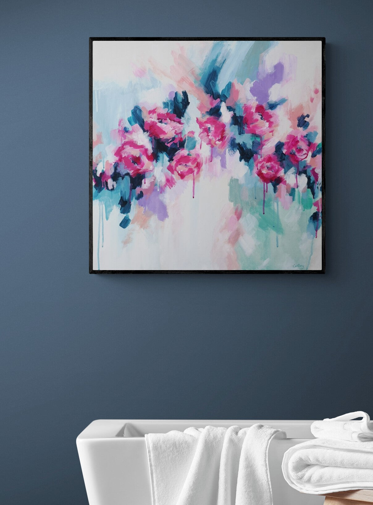 Contemporary original abstract floral painting by Judy Century 'Fancy Free' 61x61cm on navy wall in modern bathroom